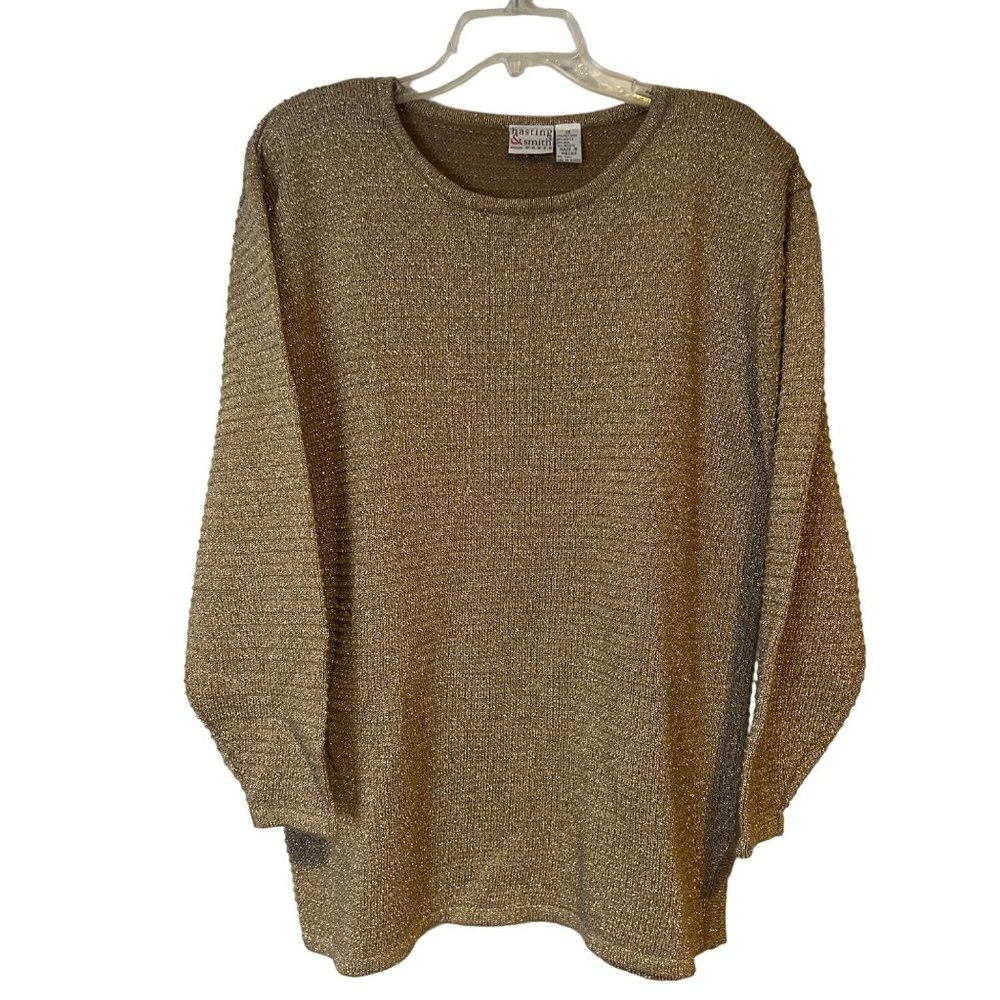 Hasting & Smith Metallic Gold Sweater Womens 1X Crewneck Career Holiday VINTAGE
